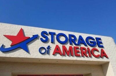 Sign to Storage of America on Shiloh Springs Road.