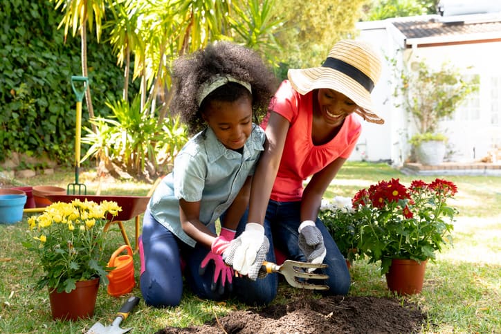 Mother and daughter gardening