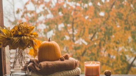 Lit candle, a pumpkin, sweaters, and dead leaves sitting in a window with fall trees outside