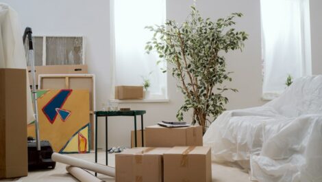 Cluttered small apartment with boxes and décor