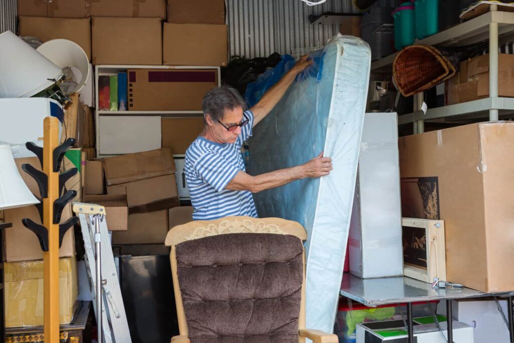 A man sorts through his jam-packed storage unit, which is well organized.