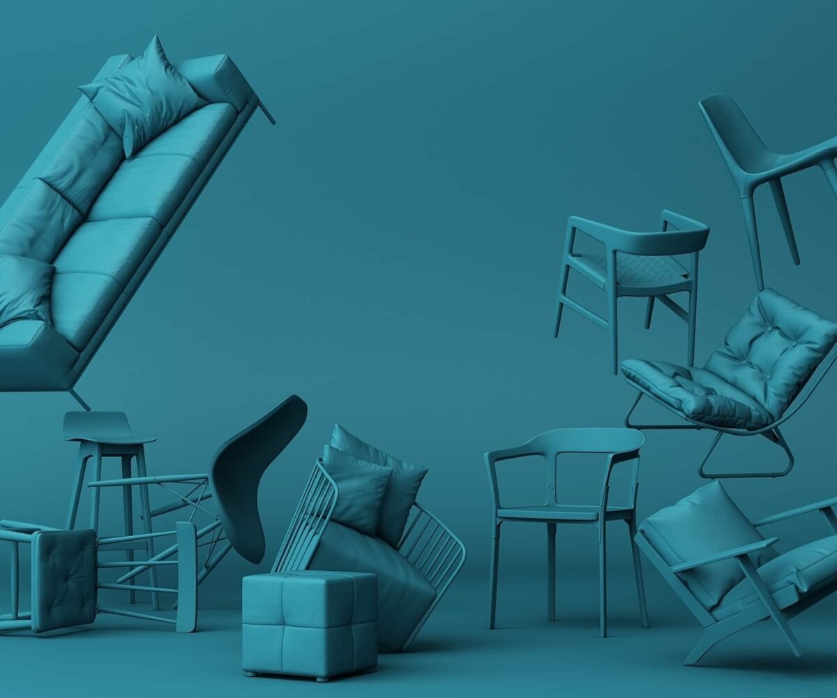 Various pieces of furniture floating and standing against a blue background.