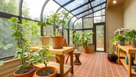 Interior of a sunroom filled with potted plants.