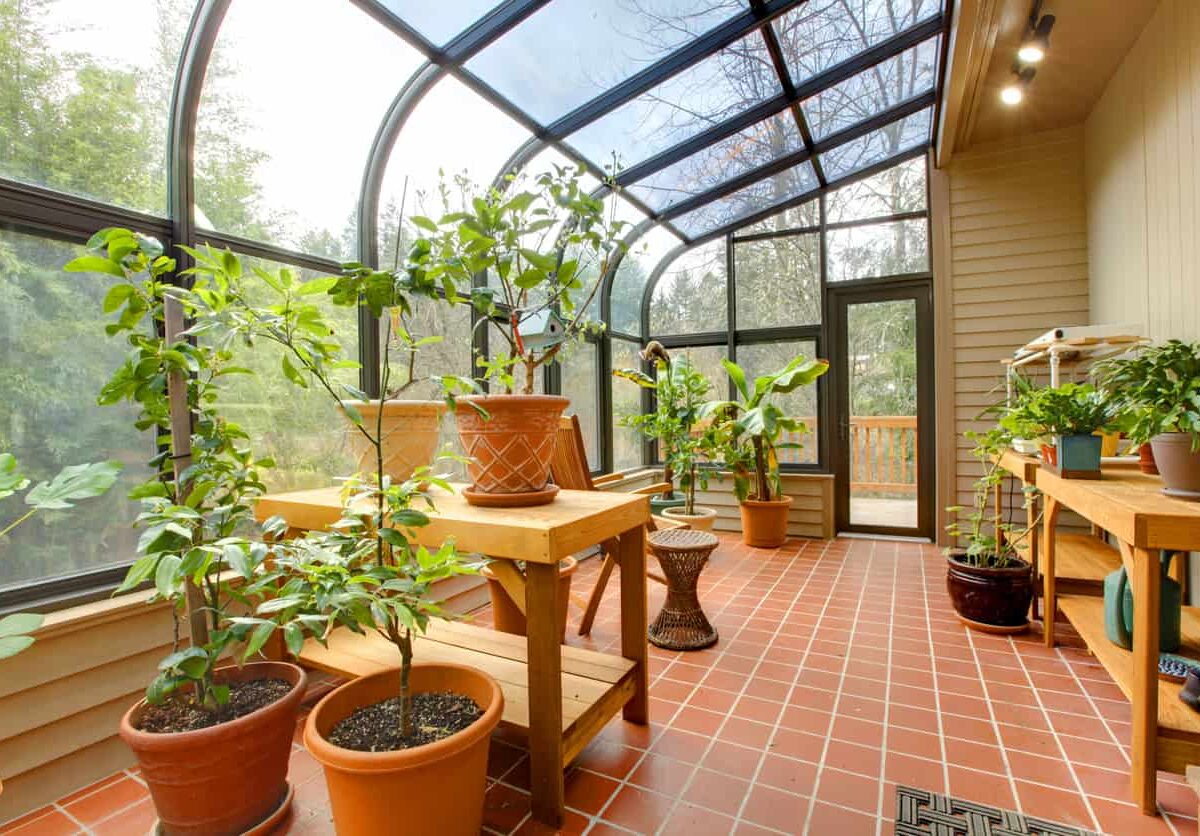 Interior of a sunroom filled with potted plants.