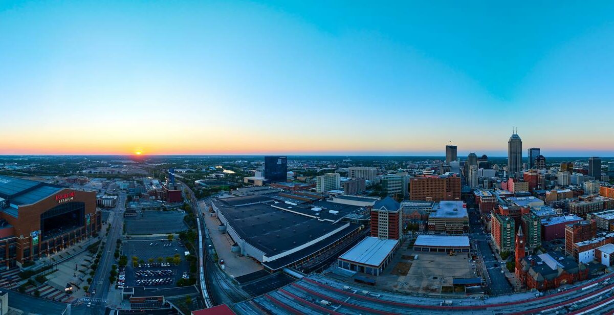 An aerial view of Lucas Oil Stadium, where the Indianapolis Colts play.