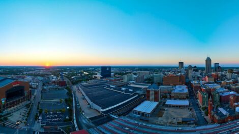 An aerial view of Lucas Oil Stadium, where the Indianapolis Colts play.